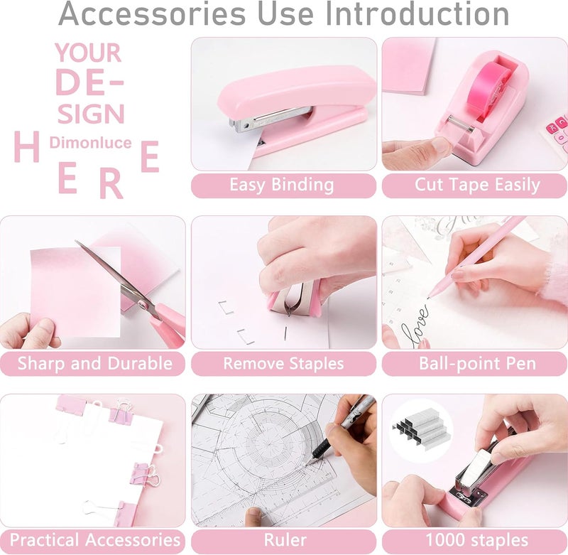 Dimonluce Pink Desk Accessories, Pink Office Supplies Accessories with Tape Dispenser, Stapler, Staple Remover, 1000 Staples, Tape, Clips Set, Ruler, Scissor, Pen - Image 4